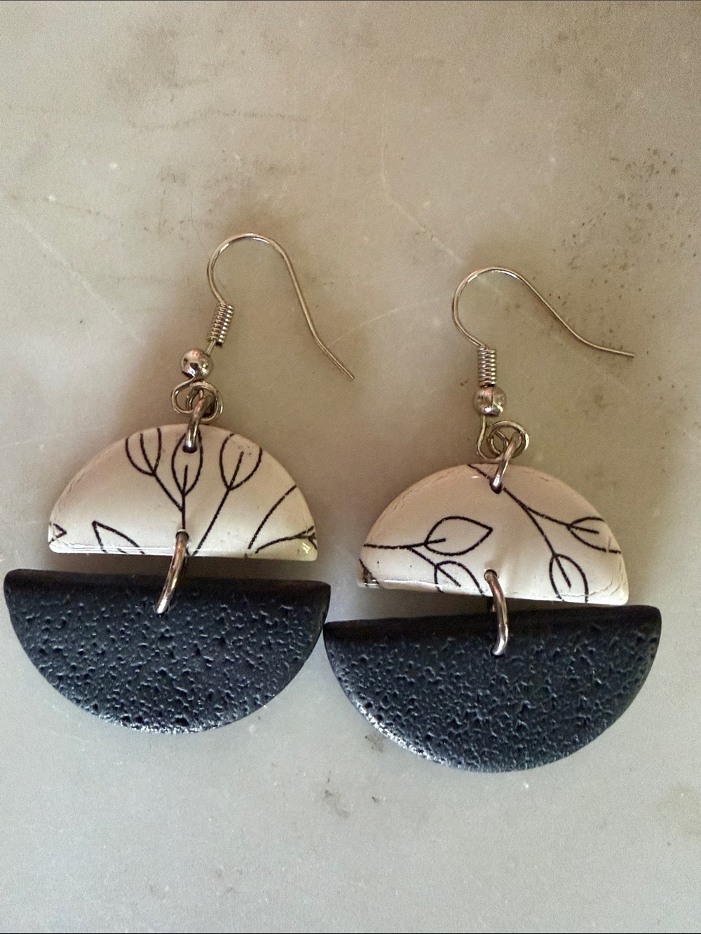 Handmade Black and White Half-Moon Dangle Earrings